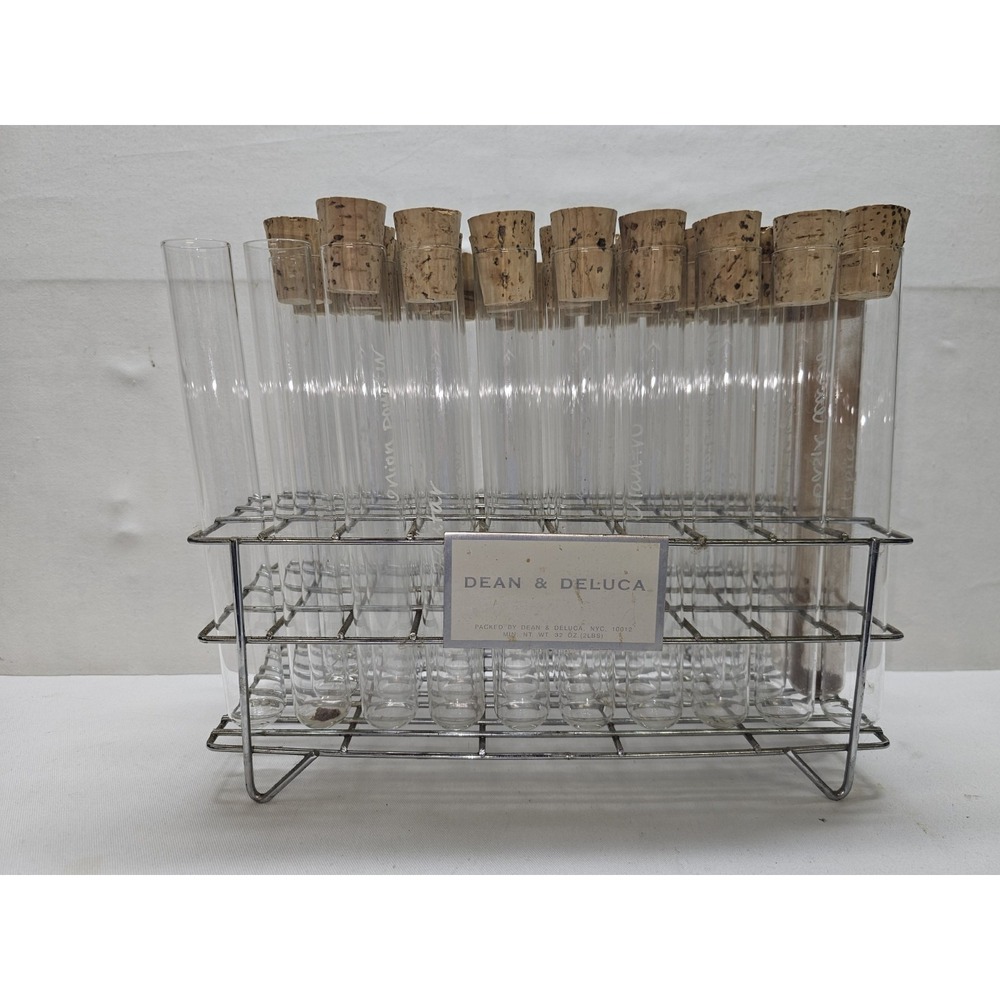 Vintage Dean & Deluca Spice Rack Set Chrome Wire Test Tube Glass Jars Cork Stop